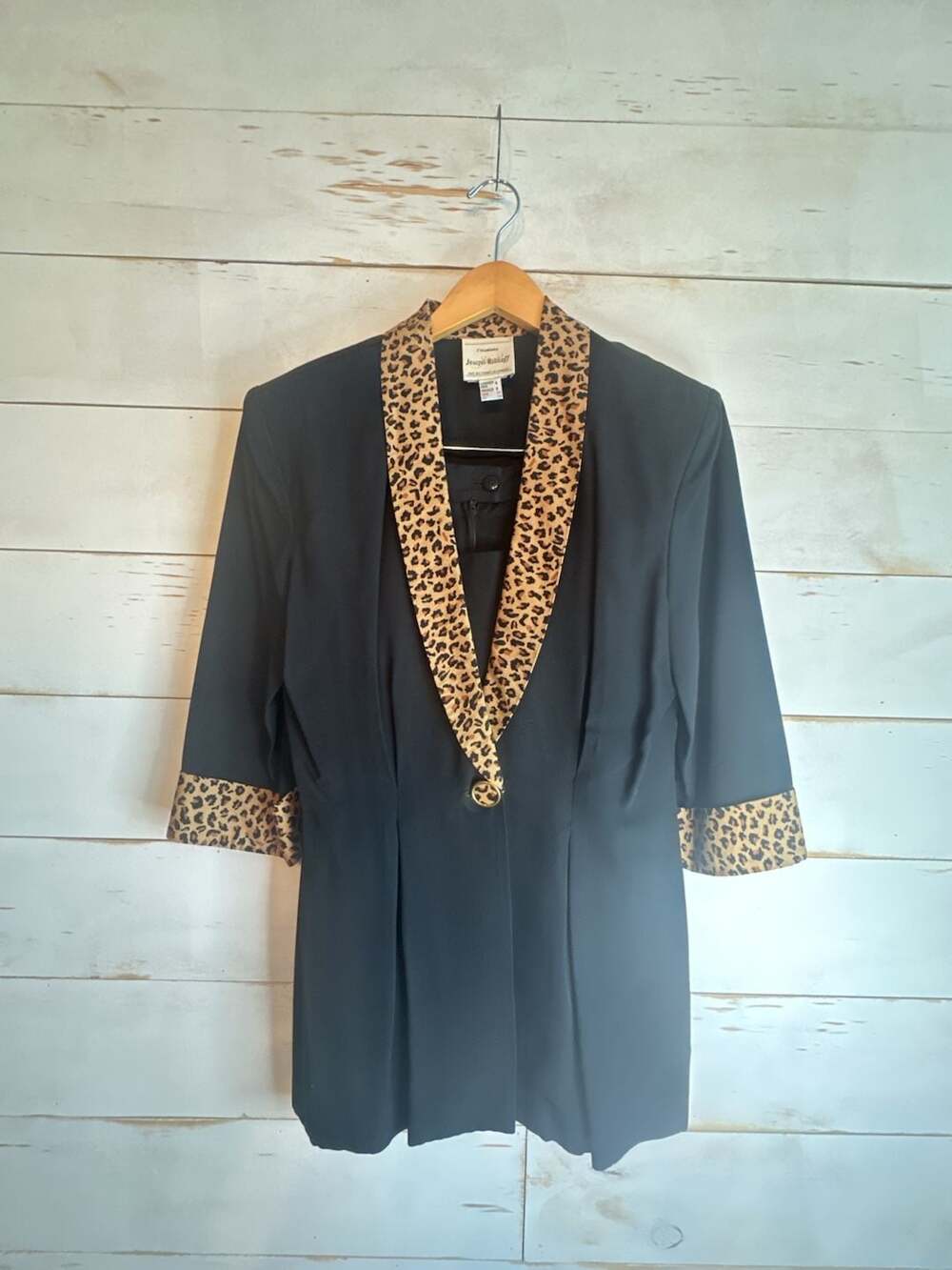 Joseph Ribkoff Vintage Black Blazer with Leopard Print Lapel and Cuffs Size 8
